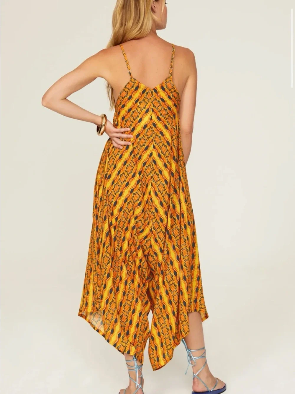 KAHINDO Kano African Tribal Printed Yellow Orange Wide-Leg Jumpsuit EUC SMALL